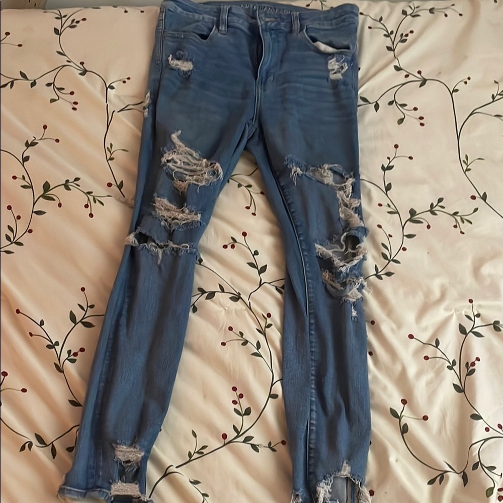 American Eagle Outfitters Blue Skinny Jeans with Distressed Details